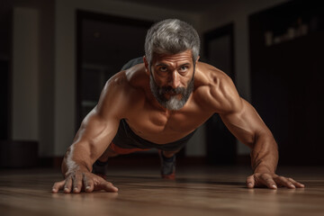 Obraz premium A person practices a primal push-up variation that incorporates twisting and reaching movements for enhanced functional strength. Generative Ai.