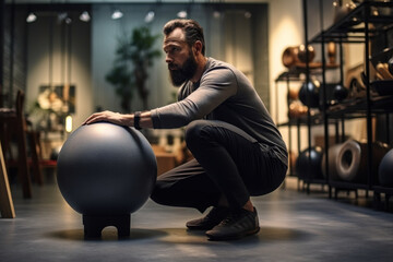A person practices a rotational squat, engaging the core and promoting spinal mobility through primal movement. Generative Ai.