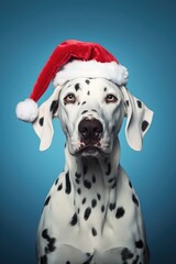 Portrait of dalmatian dog with Santa Claus hat. AI generative art
