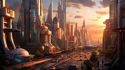 a futuristic city with cars and skyscrapers in the fore, as seen from an artist's concept art