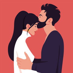 A man kissing a young woman. The happy couple. View in profile. Vector illustration in flat style