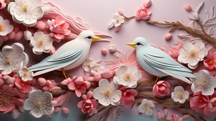 3d illustration, white and pink flowers with birds