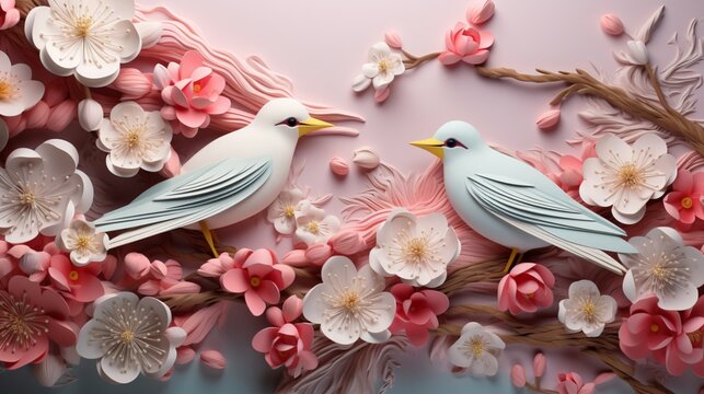 Fototapeta 3d illustration, white and pink flowers with birds
