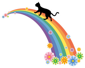 虹の橋を渡るシルエット猫のベクターイラスト／Rainbow Bridge