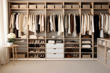 Fototapeta na wymiar Closet Curated Wardrobe, Deliberate Simplicity, Serene Arrangement. Сoncept Closet Curated Wardrobe, Deliberate Simplicity, Serene Arrangement