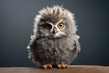 Cute Baby Owl On Gray Background. Сoncept Cute Baby Owl, Gray Background, Baby Animals, Wildlife