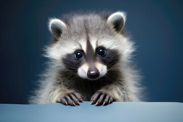 Fototapeta premium Cute Baby Raccoon On Gray Background . Сoncept Cute Baby Raccoons, Gray Backgrounds, Reasons To Adopt An Animal, Pet Care Tips