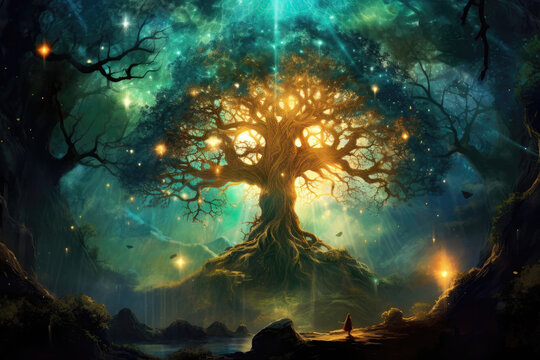 Celestial Tree Of Life Connecting Realms In Forest Of Dreams. Сoncept Celestial Tree, Realms, Forest Of Dreams, Interconnectedness