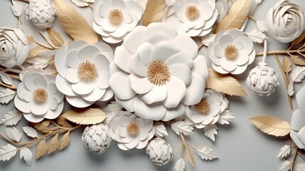 Fototapeta na wymiar 3d, abstract background with white paper flowers and golden leaves, floral botanical wallpaper
