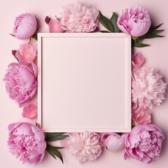 blank botanical square frame made from peony flowers. isolated on pink background.Wedding or Valentine's Day concept with copy space, floral design for product display.
