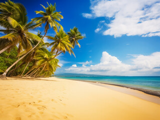 Fototapeta na wymiar Panoramic view of a sandy beach with palm trees and blue sea or ocean on a summer sunny day. Generated AI