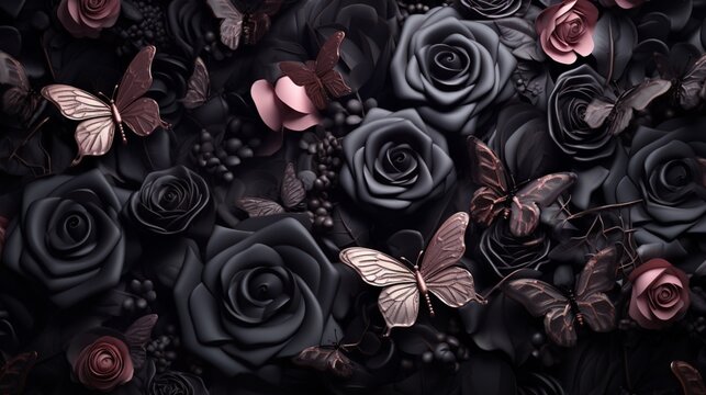 3D view of the 3D wallpaper showing black roses and butterflies on a beautiful background