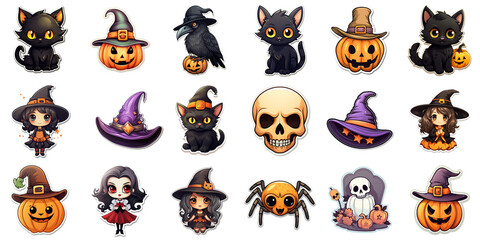 Happy Halloween holiday stickers pack, many creepy color cute Haloween cartoon characters collection spooky scary traditional trendy elements badges symbols set isolated on white background.