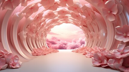 Naklejka premium 3D wallpaper, abstract tunnel with Flowers