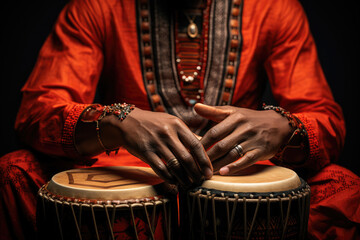 A close-up of a person's hand playing a djembe drum, an integral part of African percussion music. Generative Ai.