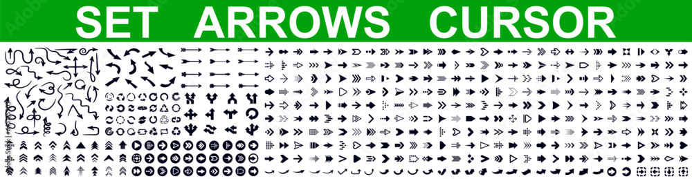 Poster Set arrow icons, universal big collection different arrows sign, set different cursor arrow direction symbols in flat style, black arrows icons – vector