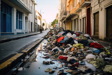 Littered Street With Clothing Strewn In The Gutters. Сoncept Clothing Pollution In Urban Areas, Impact Of Single Use Fashion, Role Of Law Enforcement In Street Clutter