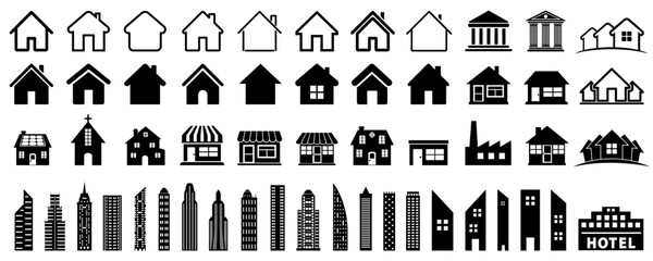 Big set of buildings, house icons, collection home sign, flat style houses in outline and line design, real estate - stock vector