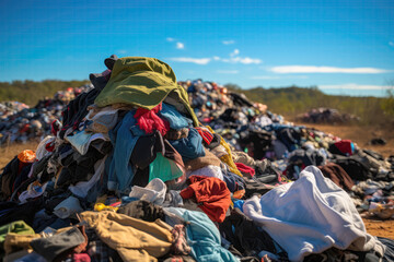 Heap Of Clothes Tossed Into Landfill. Сoncept Clothing Waste Crisis, Pollution From Textiles, Thrift Shopping Benefits, Responsible Disposal Options - obrazy, fototapety, plakaty