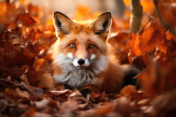 Fototapeta premium A Close Up Of A Fox Laying In Leaves