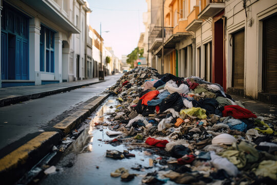 Littered Street With Clothing Strewn In The Gutters. Сoncept Clothing Pollution In Urban Areas, Impact Of Single Use Fashion, Role Of Law Enforcement In Street Clutter