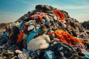 Heap Of Clothes Tossed Into Landfill. Сoncept , Closet Cleanout Tips, Global Clothing Waste Crisis, Sustainable Shopping Habits, Secondhand Clothing Solutions