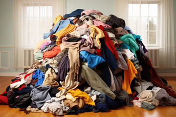 Chaos Of Clothes After Shopping Spree. Сoncept Organizing Closets, Creating Capsule Wardrobes, Clothing Care, Thrifty Shopping