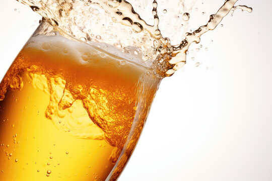 A Close Up Of A Glass Of Beer With Water Splashing On It. Сoncept Alcohol Consumption, Beer Brewing, Liquid Dynamics, Droplet Photography