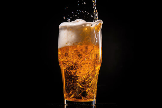 A Glass Of Beer Being Poured Into It. Сoncept Serving Beer, Brewing Process, Properties Of Beer, Tasting Beer