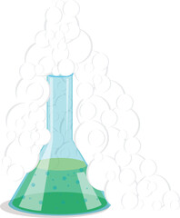 Illustration of a chemical reaction in a flask on a white background