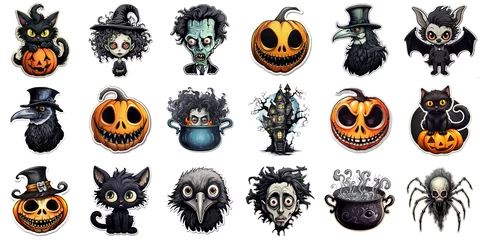 Fotobehang Happy Halloween holiday stickers pack, many creepy color cute Haloween cartoon characters collection spooky scary traditional trendy elements badges symbols set isolated on white background. © Synthetica