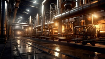 Equipment, cables and piping as found inside of a modern industrial power plant. Hydrogen power banner, ai generative