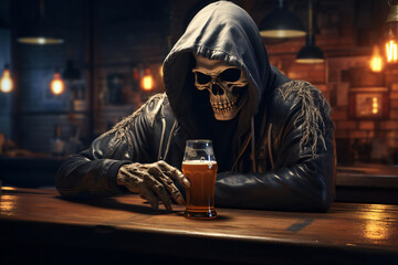 Boos and Brews: A Scary Halloween Skeleton Sipping Skull Beer in a Haunted Pub