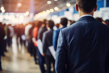 Queue Lot Of People In The Job Fair. Сoncept Job Hunting Strategies, Networking Opportunities, Rsum Preparation, Interview Skills