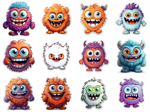Naklejki Cute color monsters stickers pack, many cartoon characters furry fluffy horned creatures funny faces Happy Halloween collection elements beasts symbols mascots set isolated on white background.