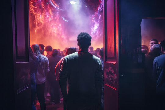 Queue Lot Of People In The Nightclub Entrance. Сoncept Wait Times, Music Preferences, Dress Codes, Admission Fees