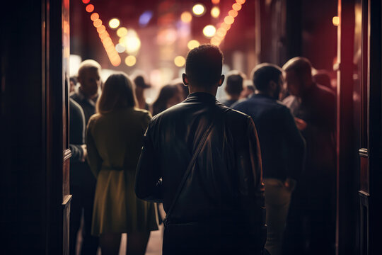 Queue Lot Of People In The Nightclub Entrance. Сoncept Midnight Rushes In The Nightlife, Patience A Key Quality For Getting In, Safety Measures For Night Time Partying