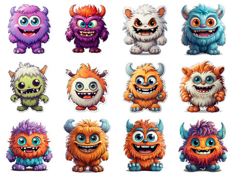 Cute color monsters stickers pack, many cartoon characters furry fluffy horned creatures funny faces Happy Halloween collection elements beasts symbols mascots set isolated on white background.