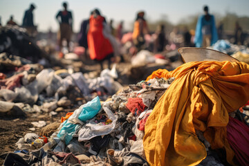 Old Garments Mixed With Trash At Garbage Dump. Сoncept , Trashtofabric Fashions, Old Clothes Upcycling, Garbage Dump Pollution