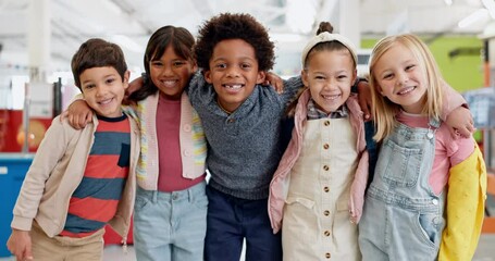 Education, diversity and children friends in a classroom together for learning, growth or development. Portrait, smile and happy student kids in back to school class for knowledge or academics - Powered by Adobe