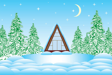 Beautiful Happy New Year winter vector illustration with a triangle-house in the frozen forest, night scene