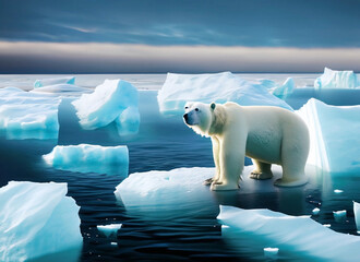 Ice and icebergs melting because of the global warming and icebear on the iceplate