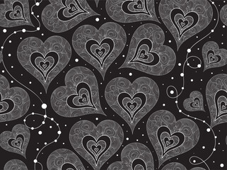 Valentine vector seamless pattern with figured hand drawn ornamental hearts