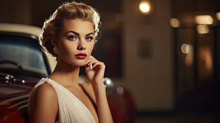Model displaying classic Hollywood glam makeup, with a vintage car in the background - obrazy, fototapety, plakaty