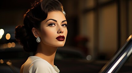 Model displaying classic Hollywood glam makeup, with a vintage car in the background