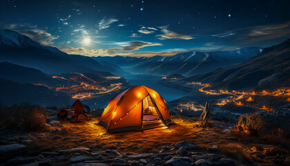 Wildcampen, Camping in freier Natur bei Nacht, beleuchtetes Zelt, Generative KI