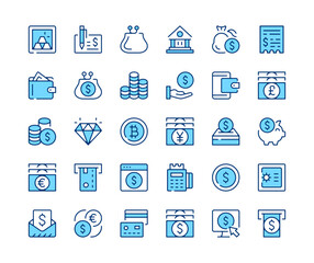 Money icons set. Vector line icons. Blue color outline stroke symbols. Modern concepts