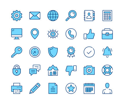 Basic icons set. Vector line icons. Blue color outline stroke symbols. Modern concepts