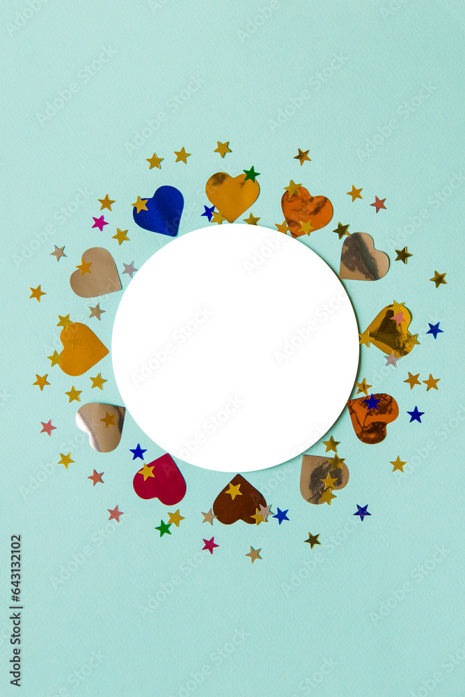 Poster Festive frame or blue background with colorful confetti, hearts and star. Flat lay mockup. Happy birthday or party greeting card with copy space.	