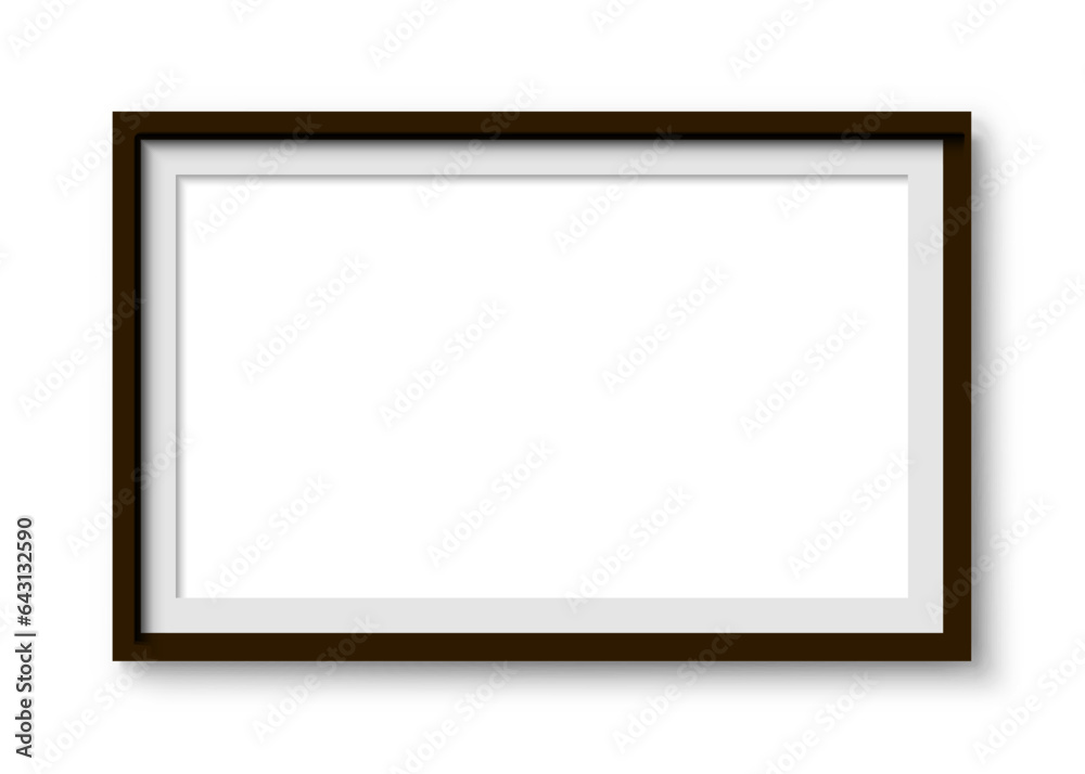 Poster picture photo frames mockup, wall presentation, black thin rectangular horizontal frame with shadow,